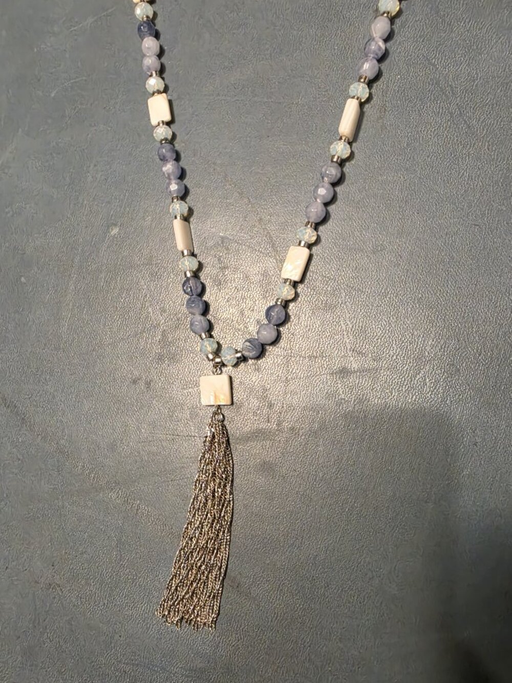 Blue and White Glass Bead Necklace with Metal Fringe Bundle or Make an Offer!